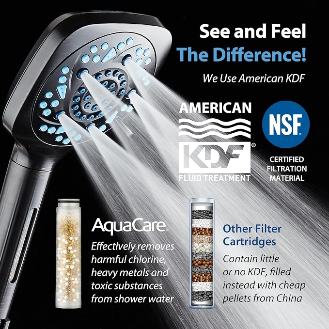 AquaCare 82-Mode High Pressure 6-way Combo with Filter & 2-mode Power Wash | Filters Chlorine & Toxins, Softens Hard Water for Healthy Skin & Hair. Handheld Shower Head Cleans Tub, Tile & Pets / Bronze