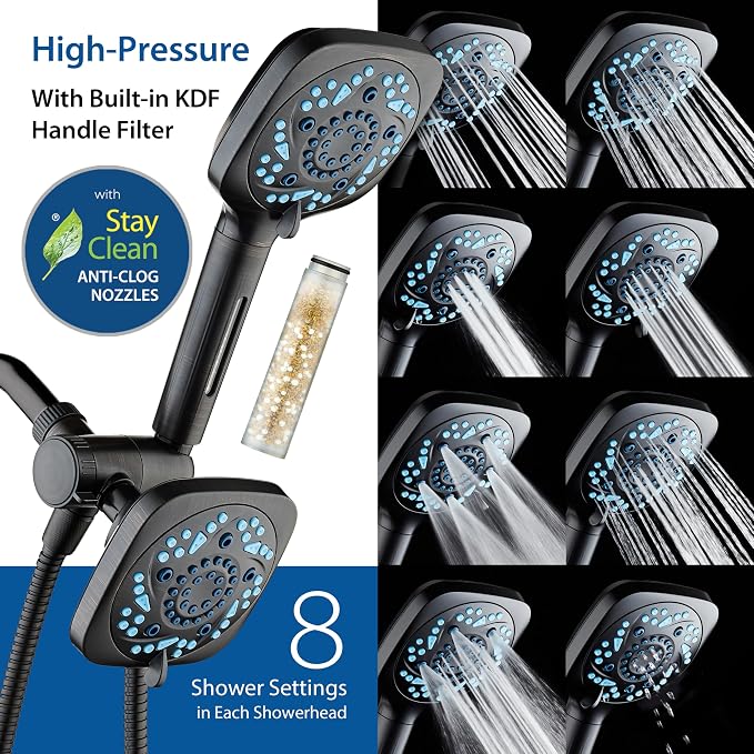 AquaCare 82-Mode High Pressure 6-way Combo with Filter & 2-mode Power Wash | Filters Chlorine & Toxins, Softens Hard Water for Healthy Skin & Hair. Handheld Shower Head Cleans Tub, Tile & Pets / Bronze