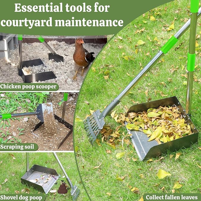T2Y Pooper Scooper Extra Long Handle, Rake+Tray+Spade Set | 48" Tall No-Bend | 9.4'' Large Tray | Stainless Steel | Adjustable | Works on Grass, Gravel & Dirt | Easy to Install