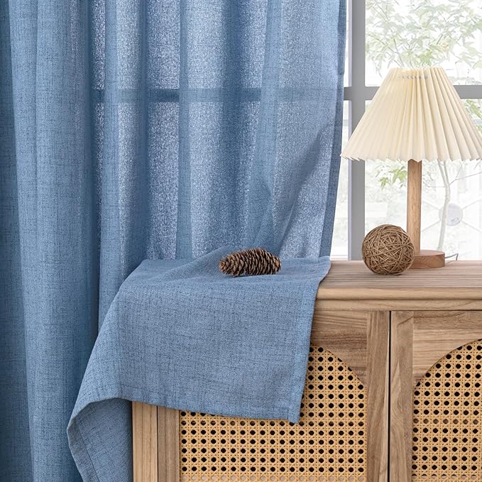 YoungsTex Denim Blue Linen Curtains 80 Inch Length for Living Room, Light Filtering Semi Sheer Window Drapes Rod Pocket Back Tab Curtain for Bedroom Dining Room Coastal Privacy, 2 Panels, 52 X 80 Inch