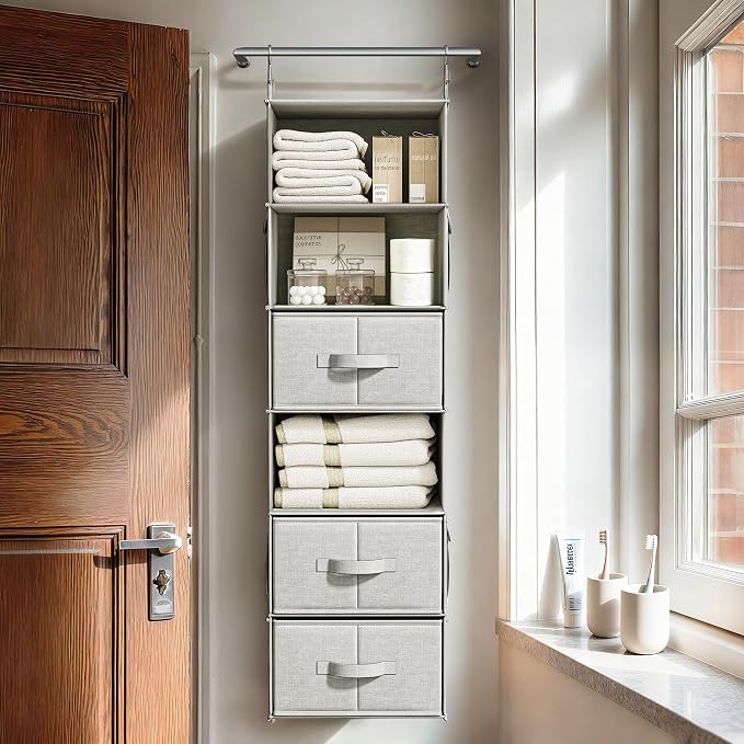 6-Shelf Hanging Closet Organizer with 3 Fabric Drawers, Silver Gray | Removable Fabric Drawers, Side Pockets, Reinforced Structure, Space-Saving Storage for Clothes, Nursery and Dorm Rooms