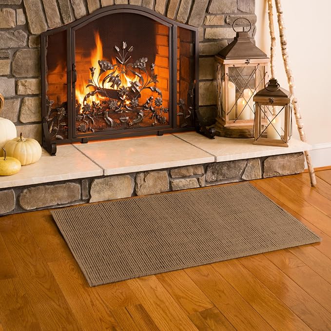 Plow & Hearth Dalton 2x3'6" Fireproof Hearth Rug | Mocha | Wool Blend Fireplace Mat | Hearth Rugs for Fireplaces Fire Resistant | Protect Hardwood Floor and Carpet from Sparks and Embers Wood Stove