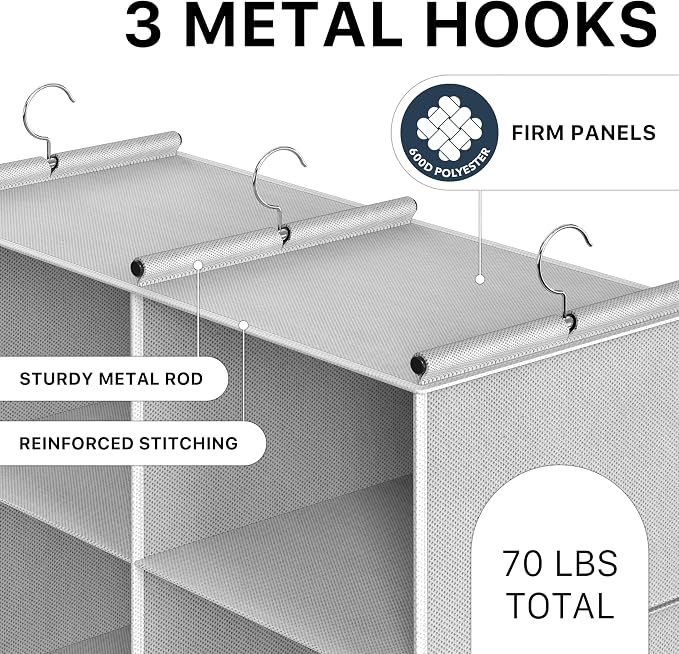 Simple Houseware 6 Shelf Double-Wide Hanging Closet Organizer, Gray | 12 Large Cubbies, 3 Metal Hooks, triple-rod framework