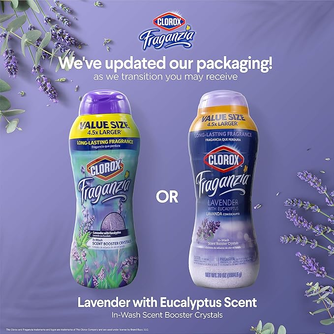 Clorox Fraganzia Laundry Scent Booster Crystals in Lavender with Eucalyptus Scent - Scented In-Wash Freshener Beads for Fresh, Clean, Great Smelling Clothes and Linens, 70 Oz
