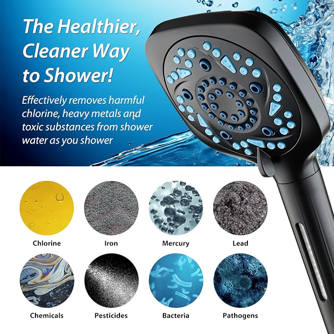 AquaCare 82-Mode High Pressure 6-way Combo with Filter & 2-mode Power Wash | Filters Chlorine & Toxins, Softens Hard Water for Healthy Skin & Hair. Handheld Shower Head Cleans Tub, Tile & Pets / Black