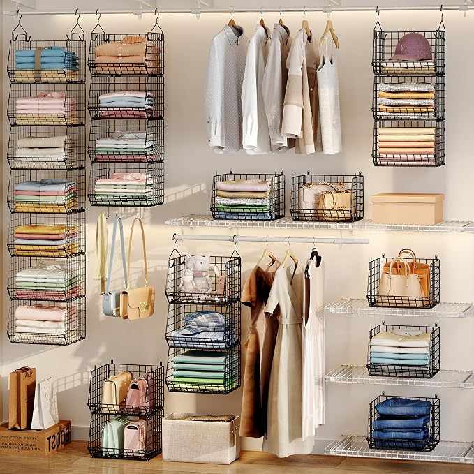 X-cosrack 7 Tier Foldable Hanging Closet Organizer and Storage,Wire Closet Shelving with 4 Large Hooks+ 5 S Hooks,Hanging Basket for Clothes Sweaters Shoes Handbags,Small Closet Organizers