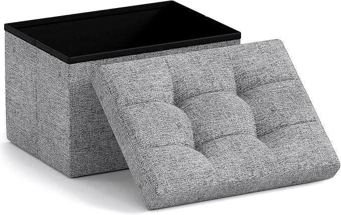 Ornavo Home Small Storage Ottoman Foldable Collapsible Rectangle Linen Ottoman Foot Rest Stool Seat, for Living Room, Bedroom, Home Office, Dorm - 12 x 16 x 12, Gray