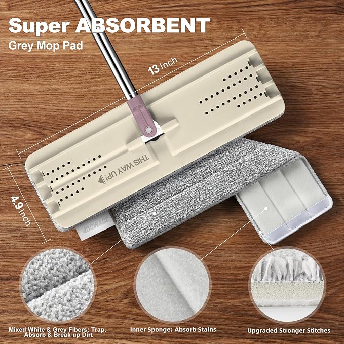 JOYMOOP Flat Mop System, Microfiber Cleaning System for Floor Cleaning and Wall Use, 50" Handle with 13" Flat Head, Beige & Blush Brown