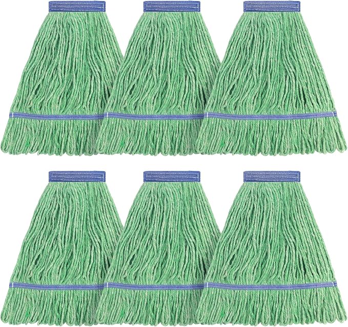 Matthew Cleaning Heavy Duty Mop Head Commercial Replacement for General and Floor Cleaning , Wet Industrial Blue Cotton Looped End String Head Refill (Pack of 6) Green