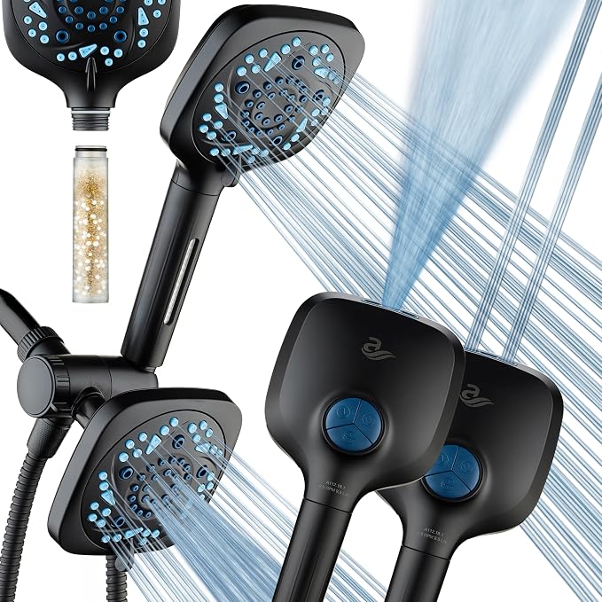AquaCare 82-Mode High Pressure 6-way Combo with Filter & 2-mode Power Wash | Filters Chlorine & Toxins, Softens Hard Water for Healthy Skin & Hair. Handheld Shower Head Cleans Tub, Tile & Pets / Black