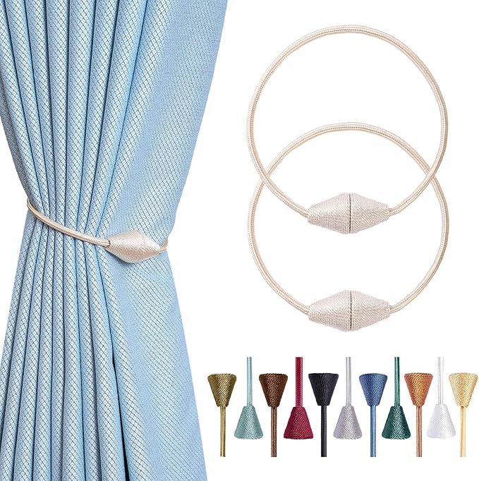 2 PCS Magnetic Curtain Tiebacks, European Style Convenient Drape Tie Backs Holdbacks for Thin or Thick Home & Office Window Draperies, No Tools Required（Beige）