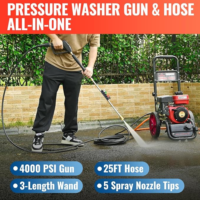 YAMATIC Pressure Washer Gun and 25FT Hose M22-14mm & M22-15mm with Wand | 4000PSI 5 Tips Holder 1/4" QC Outlet for Foam Cannon, Kink Resistant Power Wash Hose, Replacement for Ryobi Simpson Craftsman