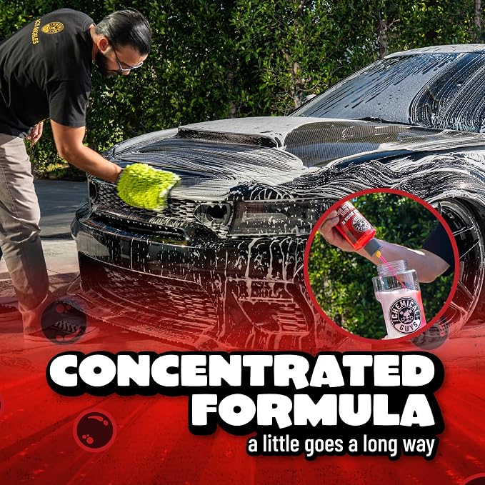 Chemical Guys, Maxi Suds II Soap & Chenille Mitt Bundle, Cherry, 16 fl oz | High-foam cherry soap with a plush chenille mitt for safe, scratch-free washing in cannons, guns or buckets