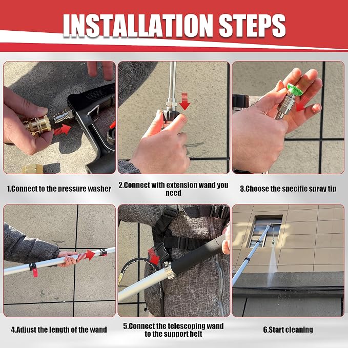 PWACCS 24 FT Pressure Washer Telescoping Wand, Telescopic Extension Wand | Power Washer Spray Wands, Gutter Cleaner Attachment with Support Belt & 7 Nozzle Tips, Brush Head, 4000 PSI
