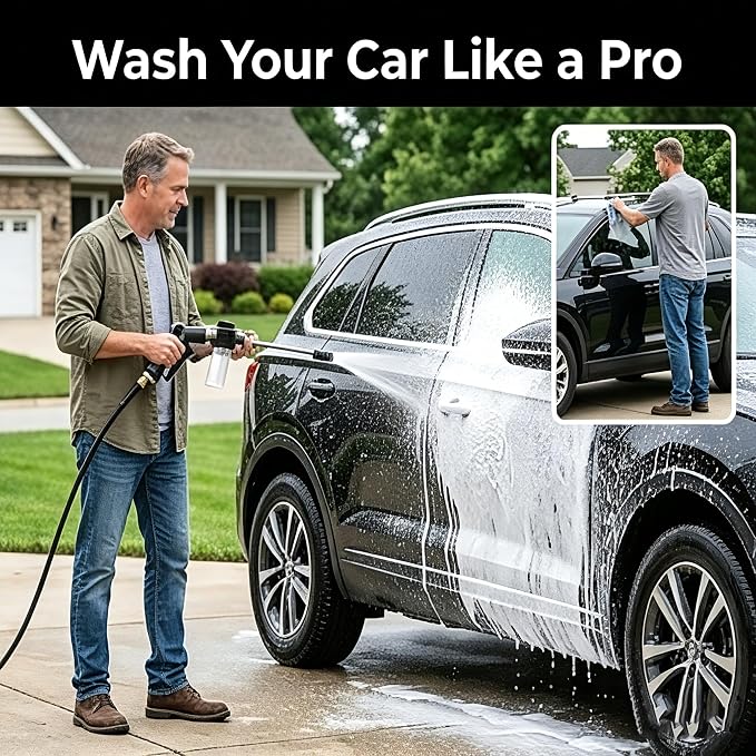 High Pressure Hose Nozzle, 360° Rotating High Pressure Water Gun with Foam Bottle, 3/4 Inch Connector, Adjustable Spray Wand with 4 Sealing Rings for Car, Yard, Patio, Pet Cleaning
