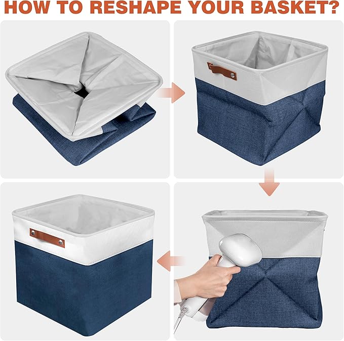 13in Open Fabric Storage Basket with Leather Handles for Organizing, Collapsible Linen Closet Bins for Shelves, Closets, Laundry, Decorative Basket for Gifts. (White＆Blue, 2PCS/13x13in)