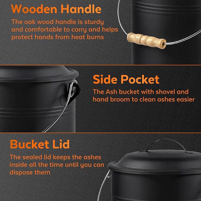 Ash Bucket with Lid and Shovel, 2.5 Gallon Ash Bucket for Fireplace, Complete Fireplace Tools Set, Fireplace Bucket for Ashes for Wood Stove