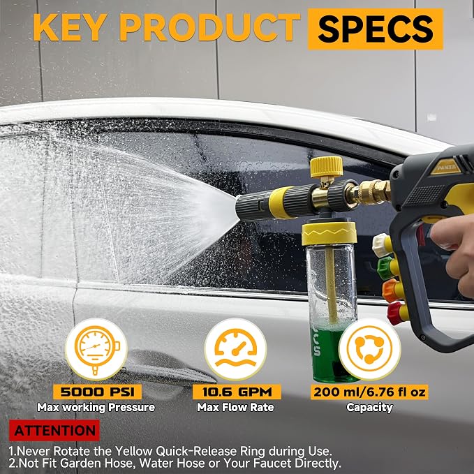 PWACCS Pressure Washer Foam Cannon Pro, Small No-Dilution Foam Gun 200 ML | Power Washer Soap Foam Blaster With Short Gun, 4 Spray Nozzles, For Car Wash