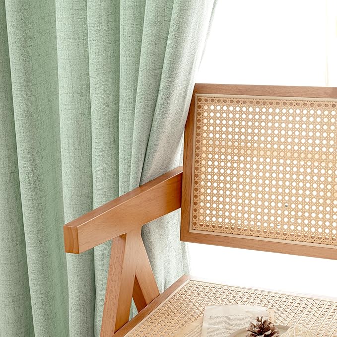 YoungsTex Sage Green Linen Semi Sheer Curtains 45 Inch Length for Kitchen Window, Light Filtering Short Drapes with Rod Pocket Back Tab for Bathroom Bedroom, 2 Panels, 42 X 45 Inch