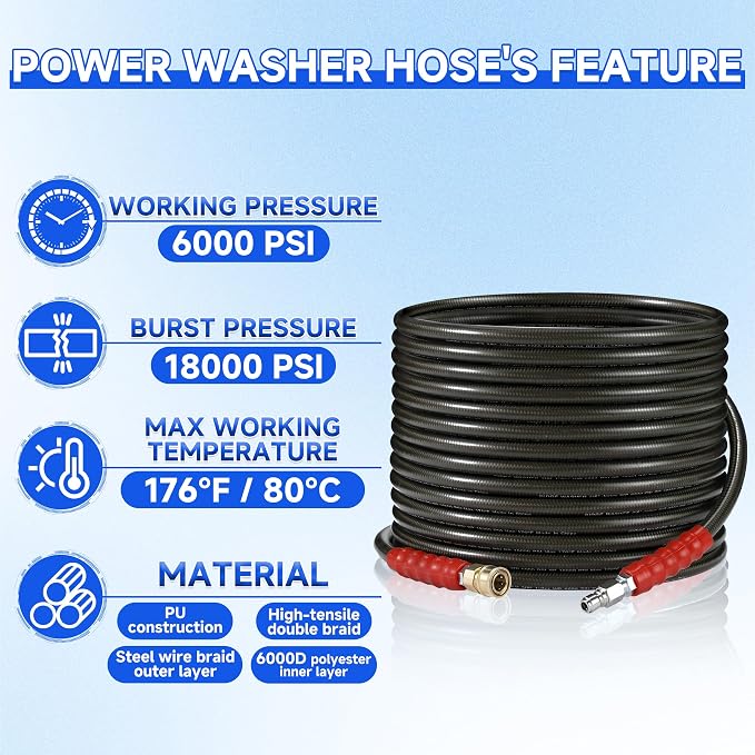 RIDGE WASHER Pressure Washer Hose 50 Feet X 3/8 Inch, 6000 PSI | 2-Wire Steel Braid Hose (R2) for Hot and Cold Water, 3/8 Inch Quick Connect