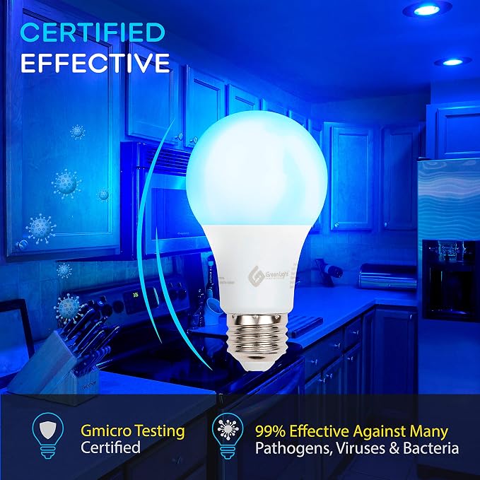 GLI Blue Light Germicidal Light Bulb – 100% Safe Non-UV - Switches from Sanitizer to Std 800 Lumens Bulb – Portable Disinfection, Screws into Any E26 Socket – Kills 99% Germs & Pathogens – Ozone Free
