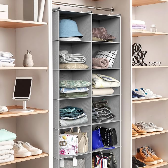 Simple Houseware 6 Shelf Double-Wide Hanging Closet Organizer, Gray | 12 Large Cubbies, 3 Metal Hooks, triple-rod framework