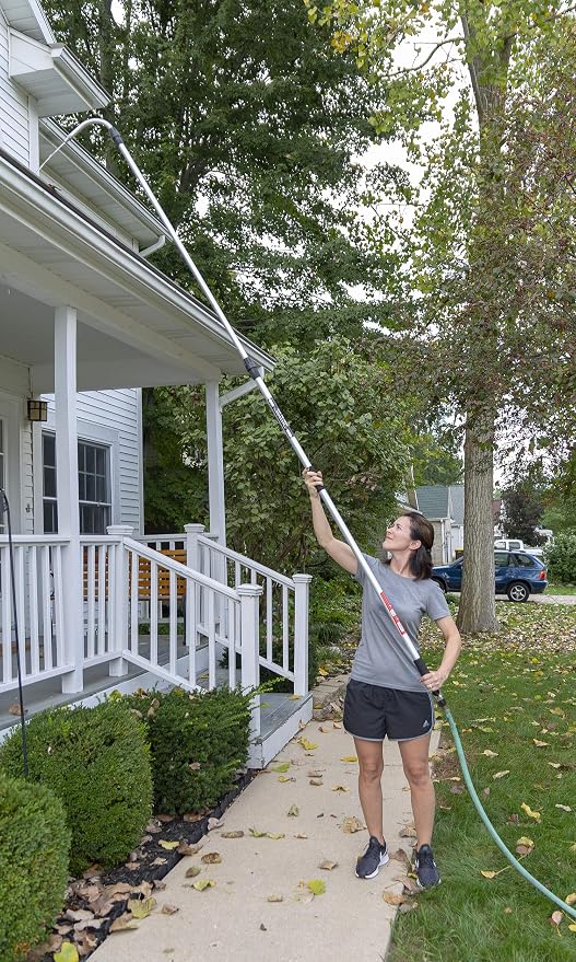 Guttermaster Pro Telescopic Water Fed Pole with Curved End, Extends 16 Feet | Reach up to 24 feet, standard garden hose connector, no special attachments needed