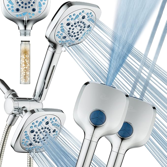 AquaCare 82-Mode High Pressure 6-way Combo with Filter & 2-mode Power Wash | Filters Chlorine & Toxins, Softens Hard Water for Healthy Skin & Hair. Handheld Shower Head Cleans Tub, Tile & Pets / Chrome