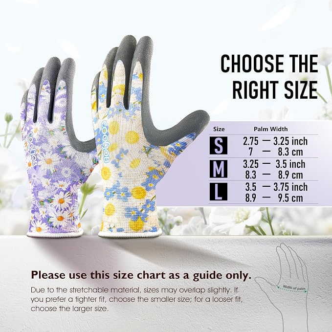 COOLJOB 6 Pairs Gardening Gloves for Women Ladies, Breathable Rubber Coated for Yard Garden, Outdoor Indoor Protective Work, Large, Floral Pattern
