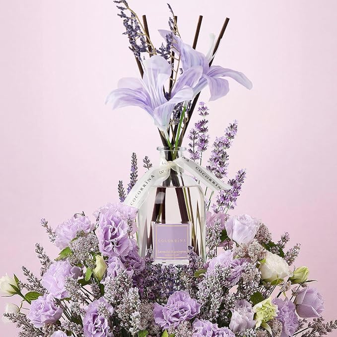 Reed Diffuser - Lavender Eucalyptus 8.5 Fl.oz Flower Reed Diffuser with Sticks, Bedroom Bathroom Shelf Decor (Floral Basket Collection)