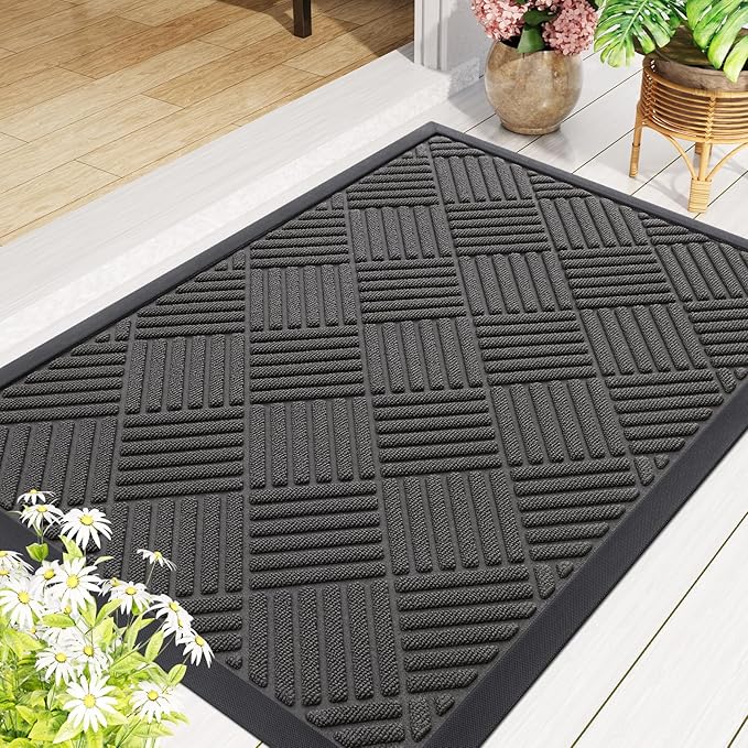 Smiry Front Door Mat Outside Entrance, Heavy Duty Outdoor Indoor Natural Rubber Doormat, Non Slip, Trap Dirt and Moisture, Easy Clean, Low Profile Patio Porch Entryway Mat, 71x47, Grey