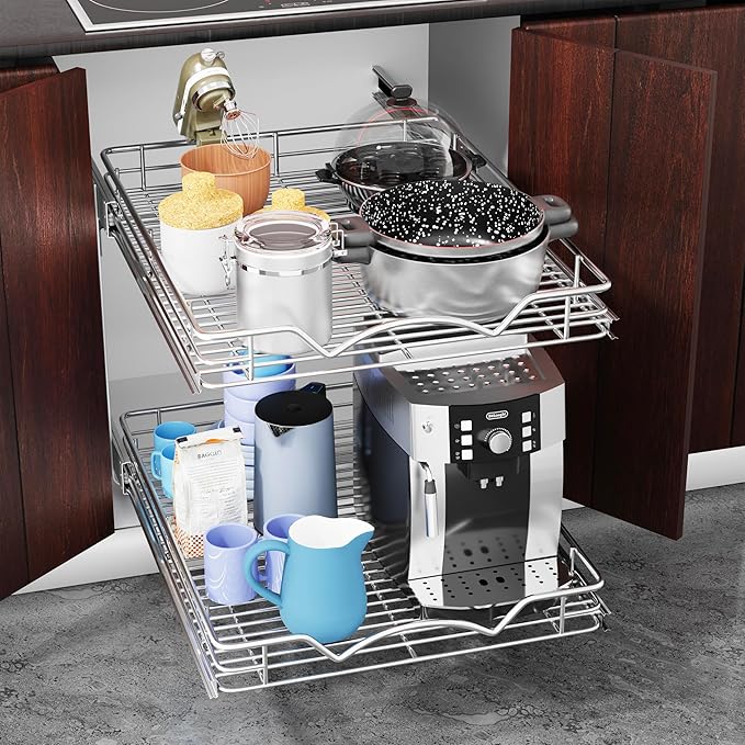 HOLDN’ STORAGE Two Tier Pull Out Cabinet Organizer, Individual Sliding Drawers - Heavy Duty Metal with Lifetime Limited Warranty - Anti Rust Chrome Finish - 17" W x 21”D x 16.5" H
