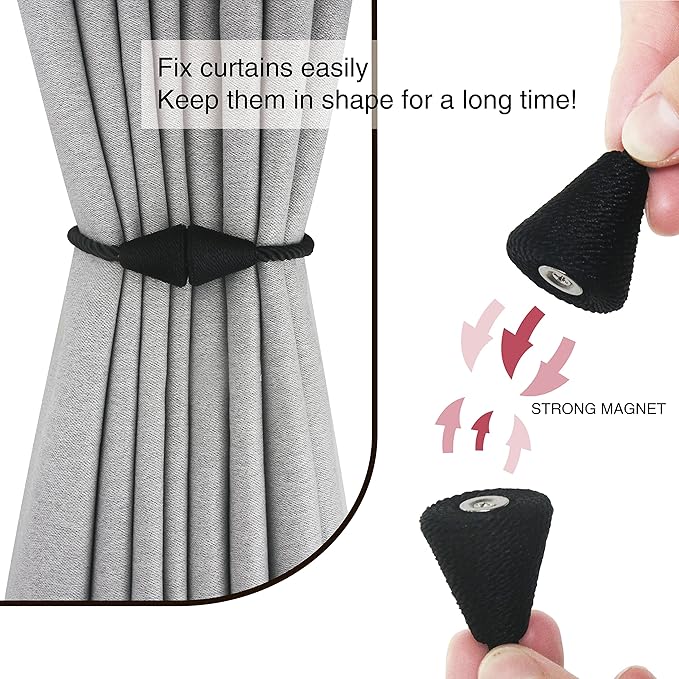 6 Pack Magnetic Curtain Tiebacks Rope Modern Handmade Curtain Tie Backs Decorative Drapes Weave Holdbacks for Window Décor, Black