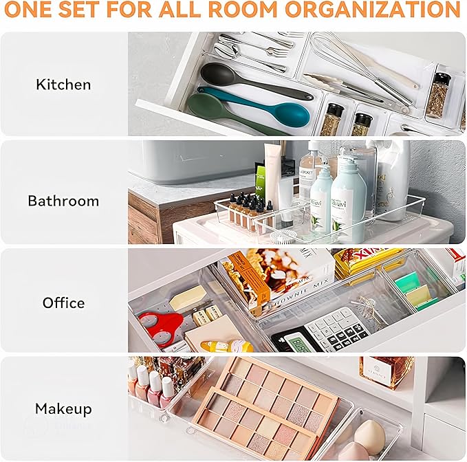 21-Pack Clear Plastic Drawer Organizer Trays – BPA-Free Storage Bins for Kitchen Utensils, Makeup, Jewelry, Office Desk, Bathroom & School Supplies – Multi-Use Home Organization Solution
