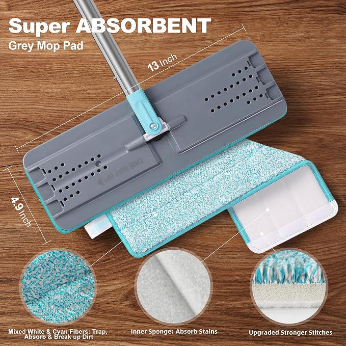 JOYMOOP Flat Mop, Microfiber Floor Cleaner with 60" Long Handle and Flexible 13" Head, Grey & Cyan Blue