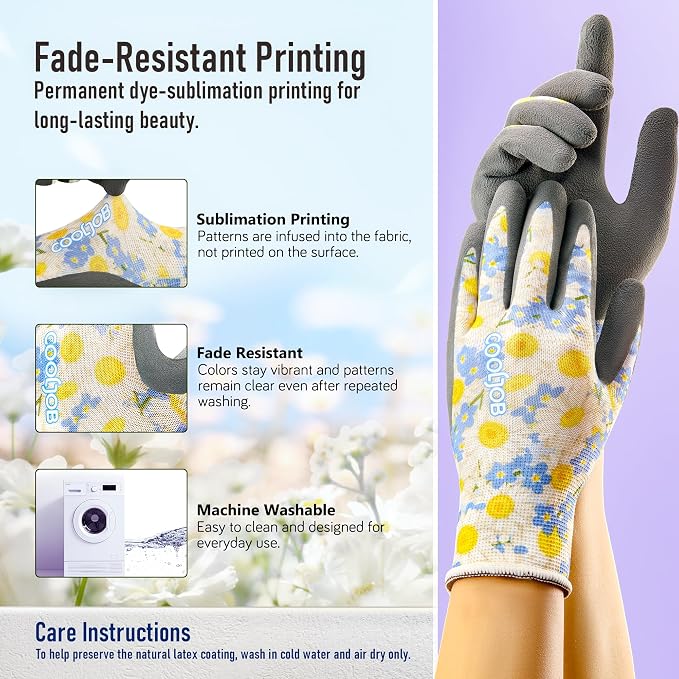 COOLJOB 6 Pairs Gardening Gloves for Women Ladies, Breathable Rubber Coated for Yard Garden, Outdoor Indoor Protective Work, Large, Floral Pattern