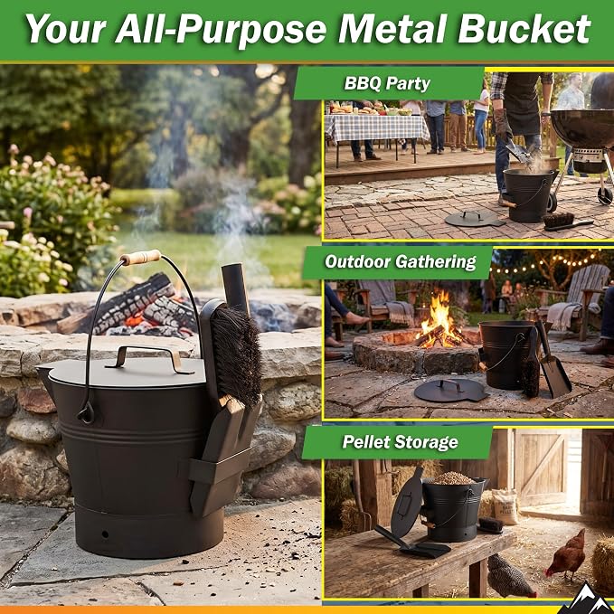 Wakeman Ash Bucket - Metal Bucket with Lid (2.11-Gallon), Broom, and Shovel for Fireplace or Firepit Ashes - Fireplace Tools (Black) - 1 Count