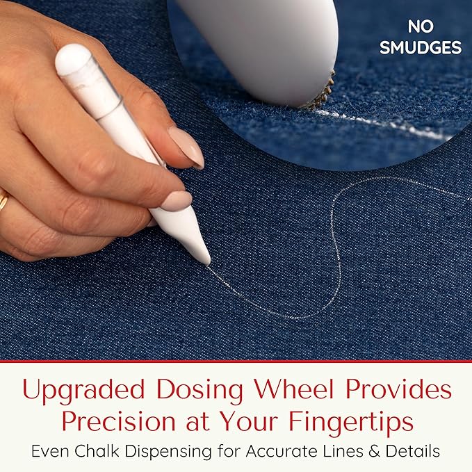 Fabric Markers for Sewing – Ergonomic Tailors Chalk Pen with Improved Dosing Wheel for Sharp Lines - Washable Sewing Chalk Marking Pens that are Compatible with Most Fabrics - White and Pink 2 Pack