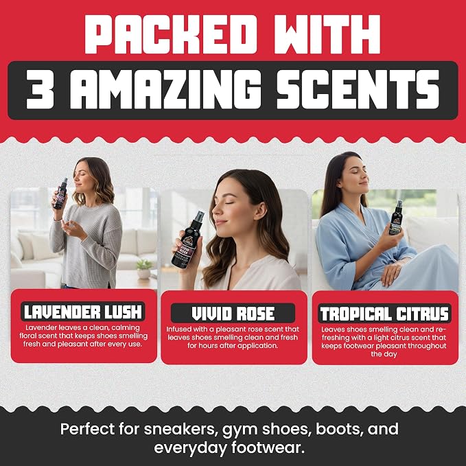 Shoe Deodorizer Spray - Shoe Refresher: Lavender Lush, Vivid Rose & Tropical Citrus - Shoe Odor Eliminator for Sneakers, Gym Bags & Lockers - Women’s Deodorant Spray by Combat Cleaner