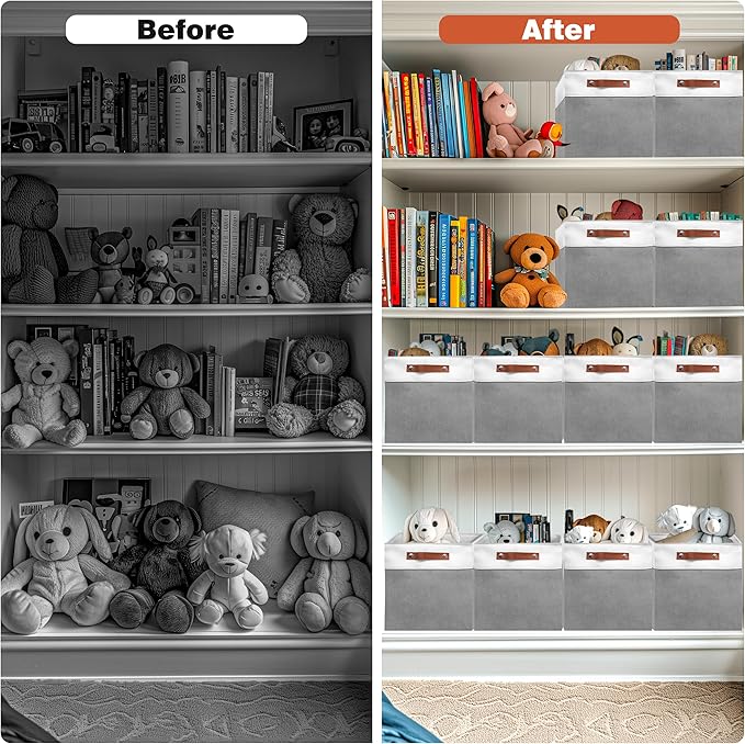 12in Open Fabric Storage Basket with Leather Handles for Organizing, Collapsible Linen Closet Bins for Shelves, Closets, Laundry, Decorative Basket for Gifts. (White＆Gray, 3PCS/12x12in)