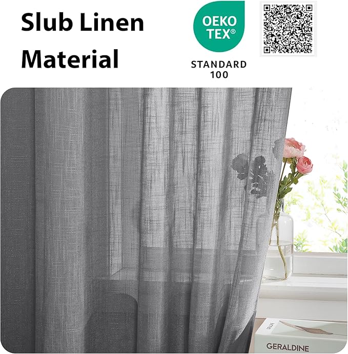 NICETOWN Sheer French Door Panel - 72 inches Linen Textured Voile Room Darkening Patio French Door Curtain with Tie Backs for Sliding Glass (Dark Grey, 1 Panel, 52 inches Width)