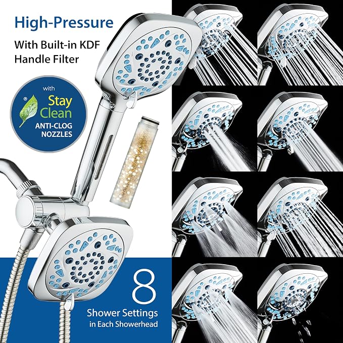 AquaCare 82-Mode High Pressure 6-way Combo with Filter & 2-mode Power Wash | Filters Chlorine & Toxins, Softens Hard Water for Healthy Skin & Hair. Handheld Shower Head Cleans Tub, Tile & Pets / Chrome