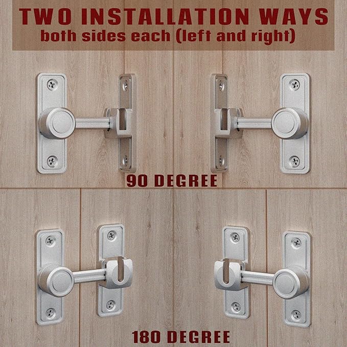 Barn Door Privacy Latch, 90°/180° Swing Slide Lock, Zinc-Alloy, Adhesive or Screw Mount, Interior Use for Bathroom/Bedroom/Closet/Shed, Includes Screws & Glue - Silver