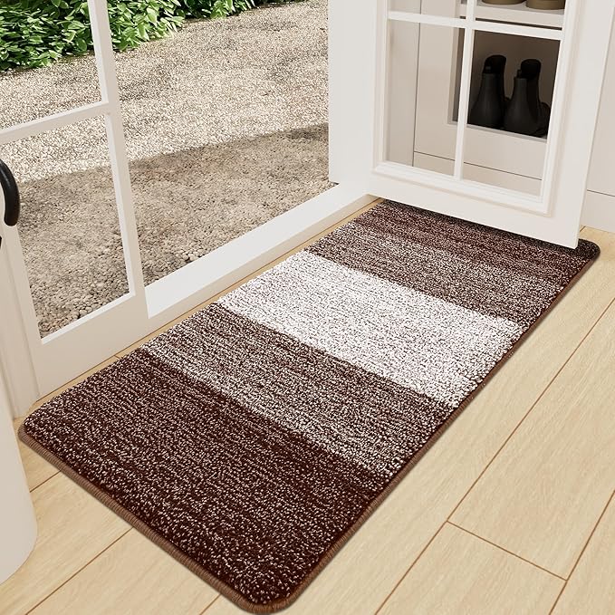 Kitinjoy Indoor Outdoor Door Mat, 47x24 Non-Slip Absorbent Dirt Trapper, Low-Profile Washable Inside Entrance Front Floor Mat, Sturdy Soft Entry Doormats for Entryway, Brown