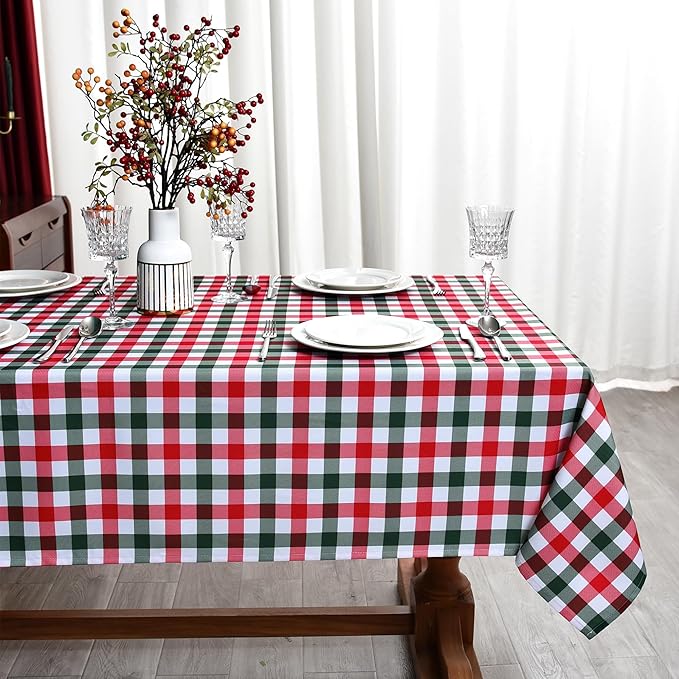 Gingham Xmas Tablecloth Fabric - Oblong 58x120 Water Resistant Christmas Plaid Table Cloth for Indoor/Outdoor Use - Red Tabletop Cover Perfect for Birthday, Picnics, Gardens