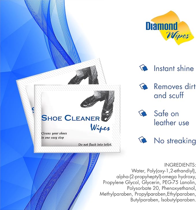 Diamond Wipes Pre-Moistened Shoe Shine Wipes, 50 Count | Streak-Free Leather Shoe Cleaner Wipes, Individually Wrapped, Easy To Carry, Travel-Friendly Pack