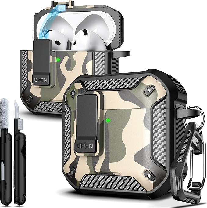 R-FUN for AirPods 4 Case with Lock Magnetic Lid MagSafe, Camo | Compatible with Apple AirPods 4th Generation Protective Case with Cleaner Kit & Carabiner, Powerful Drop Protection