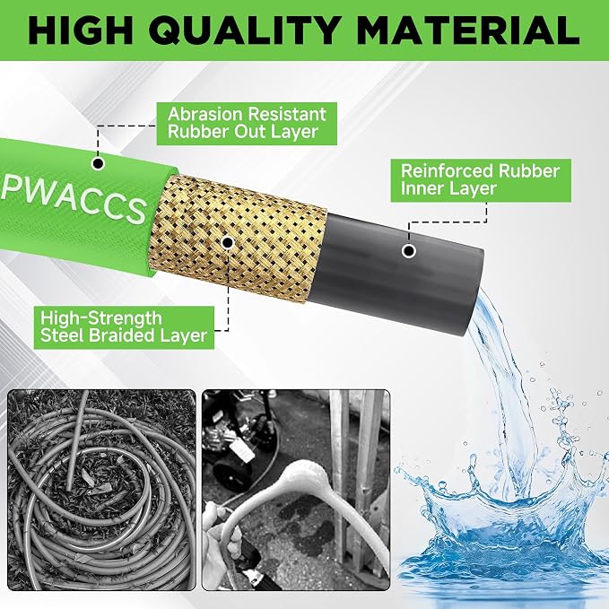 PWACCS Pressure Washer Hose 50 FT, 1/4" ID Steel Braided Kink Resistant Power Washer Hose with 3/8" Quick Connect Fittings - 4000 PSI High Pressure Washing Extension Hose
