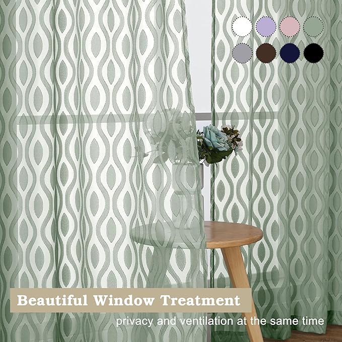 Aiyufeng Sheer Green Curtains 84 Inches Long 2 Panels, Modern Airy Light Filtering Wavy Line Clip Jacquard Window Treatments for Bedroom Living Room, Rod Pocket Curtain Drapes, Total 80 inches Width