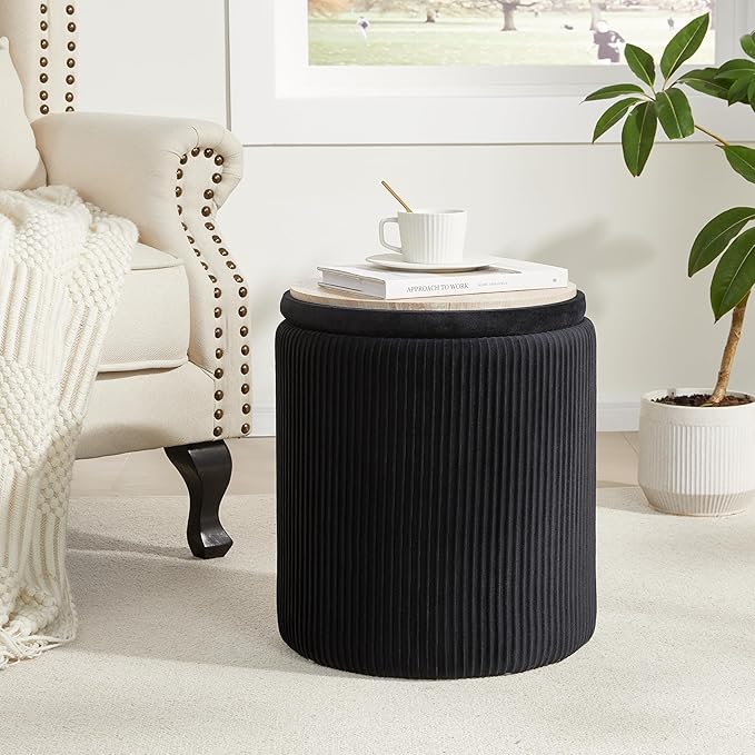Royal Windsor Round Ottoman with Storage Set of 2,Vanity Stool with Storage for Bedroom, Ottoman Coffee Table,Small Velvet Foot Stool for Living Room, Black